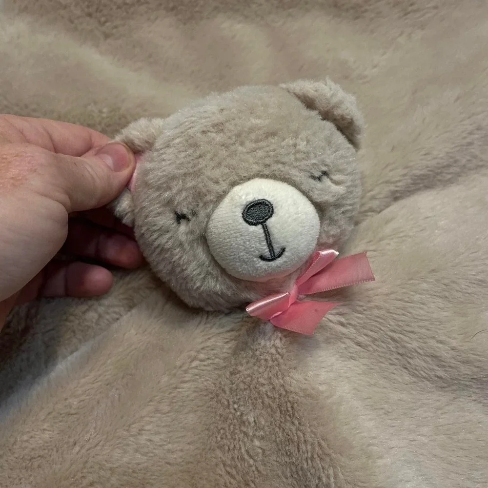 Teddy Bear Lovey Baby Blanket Brown Tan with pink bow Kellytoy